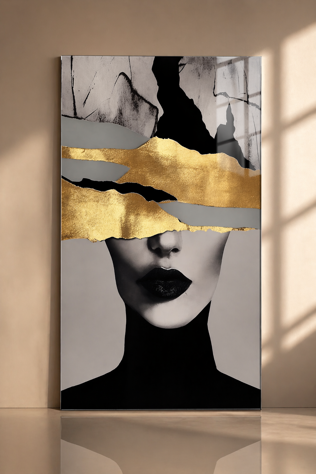 Tablou pe sticlă „Golden Silence” – eleganță minimalistă cu accente aurii