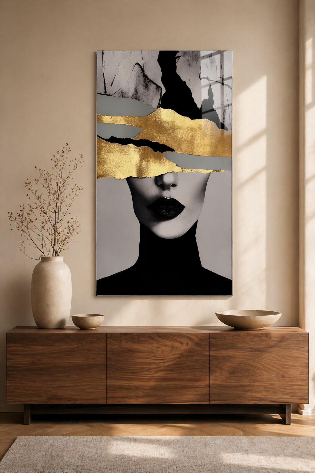 Tablou pe sticlă „Golden Silence” – eleganță minimalistă cu accente aurii