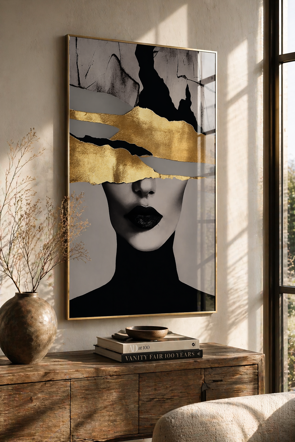Tablou pe sticlă „Golden Silence” – eleganță minimalistă cu accente aurii