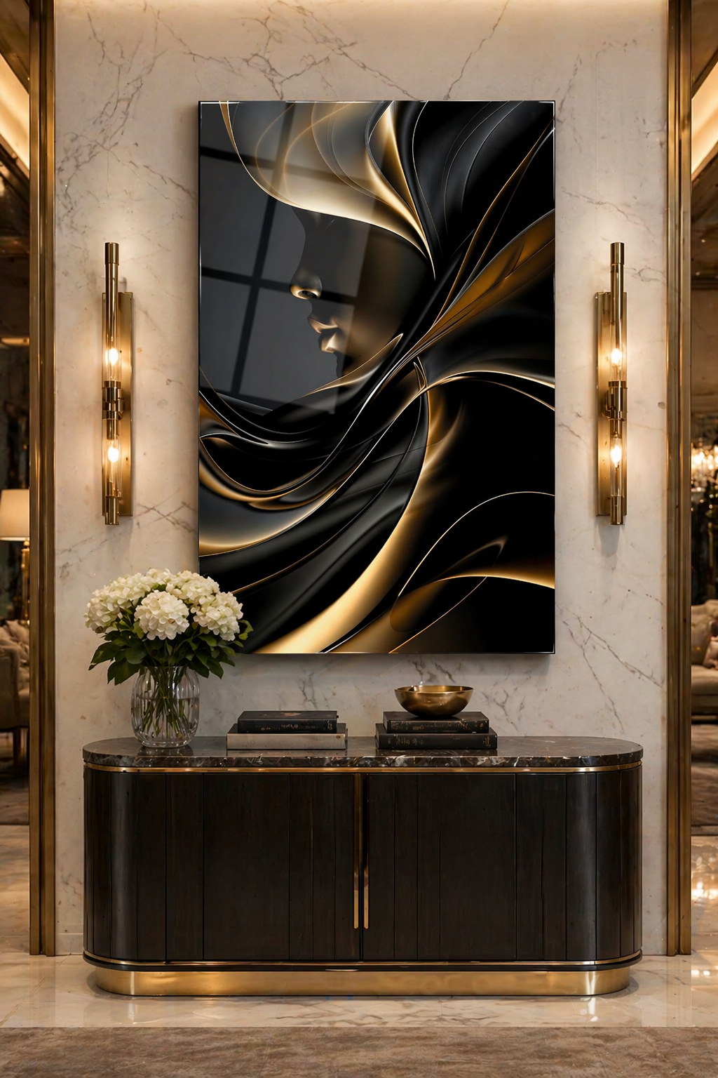 Tablou pe sticlă „Golden Flow” – design abstract modern premium
