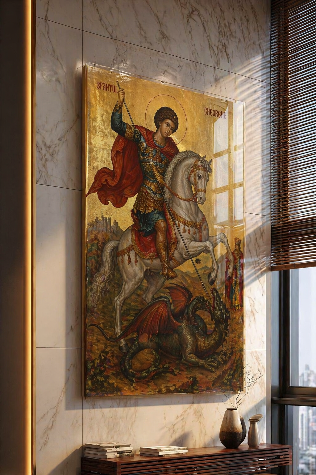 Icoană printată pe sticlă Sfântul Gheorghe – simbol al curajului și al protecției